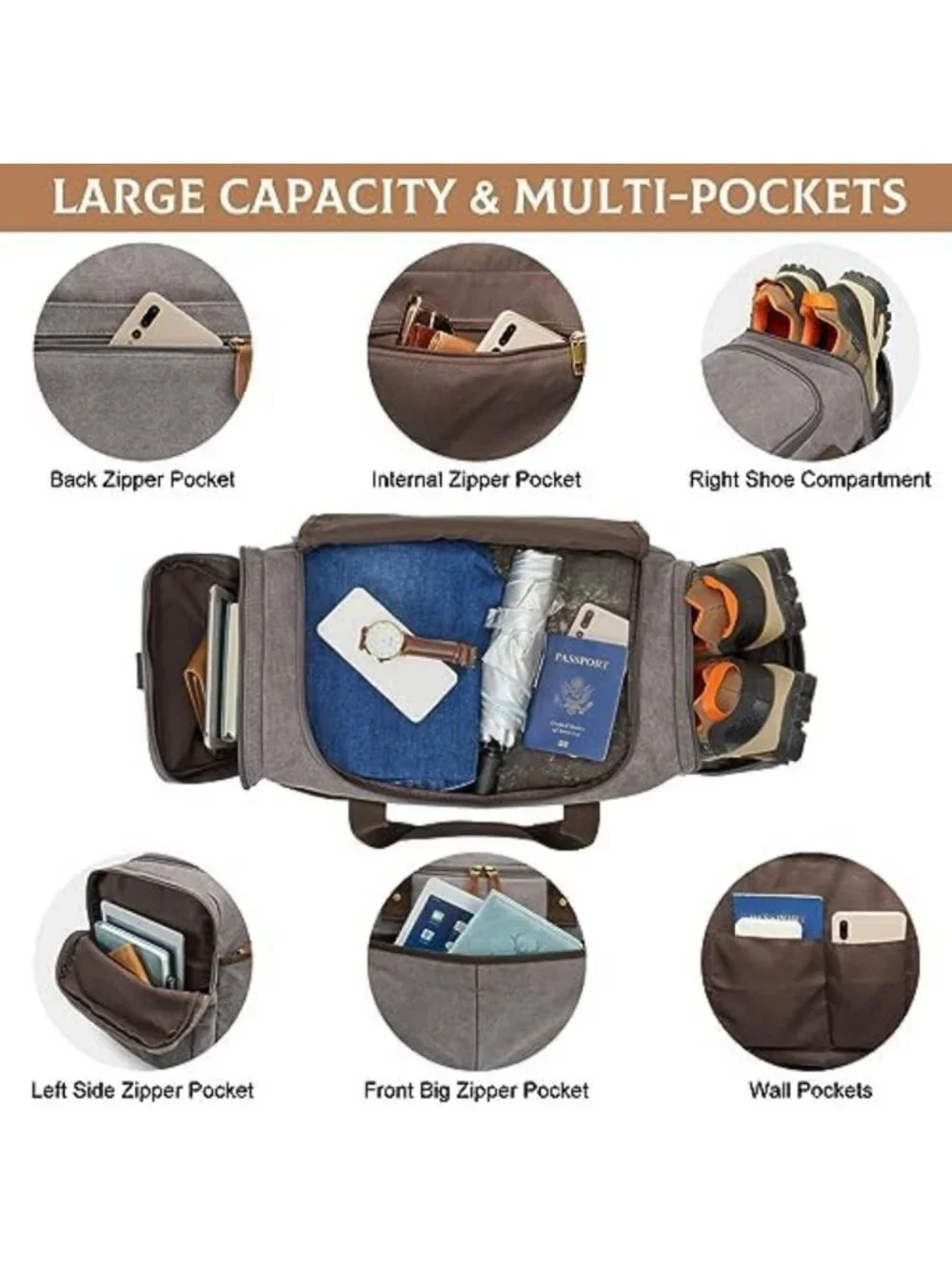 Expandable 65L Canvas Duffle Bag - Travel, Gym, Overnight Tote with Shoe